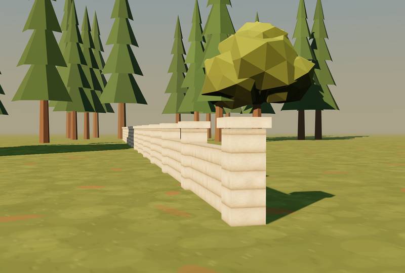 Concept render of a printed concrete wall with posts running along a field edge.